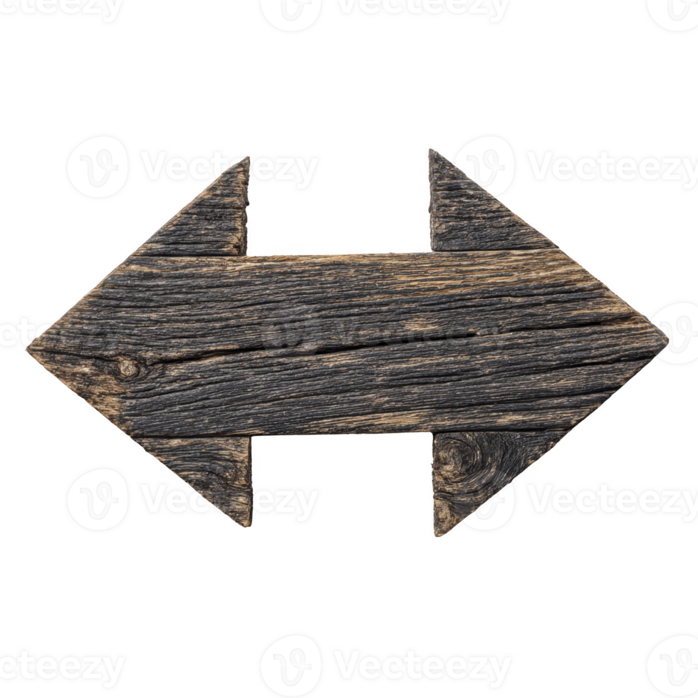 Rustic wooden arrow sign with weathered texture, pointing in two directions. dark wood grain adds vintage feel, suitable for decoration or directional purposes png