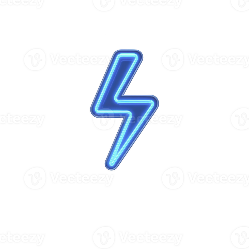 Glowing blue lightning bolt symbol on transparency background, representing energy and power. neon effect adds modern and dynamic feel to design png