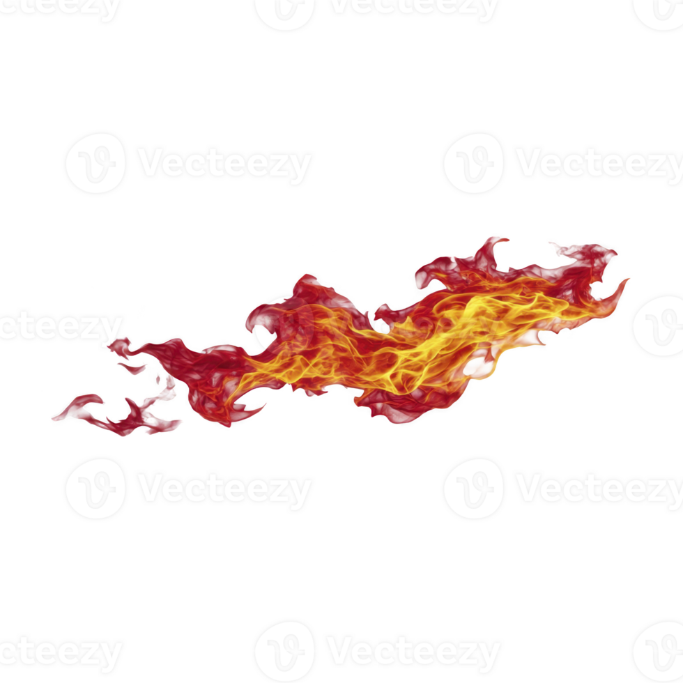 Dynamic, fiery flame with vibrant red and yellow hues, isolated on transparent background, conveys energy and intensity. Perfect for design projects needing bold, dramatic element png