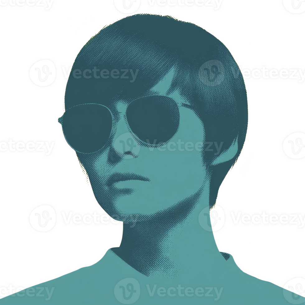 Stylized portrait of person wearing sunglasses, featuring monochromatic blue color scheme and halftone texture, creating retro and artistic effect png