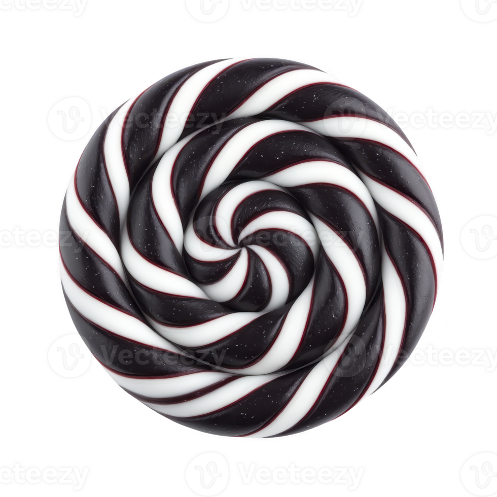 Black and white spiral lollipop with glossy finish, creating visually striking and playful candy design. swirl pattern adds sense of motion and fun png