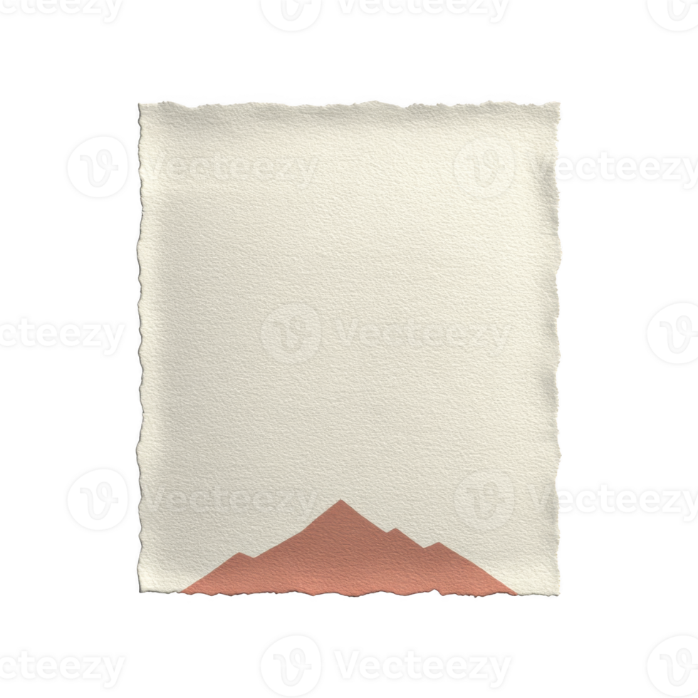 Minimalist design features textured paper with torn edge and simple mountain silhouette at bottom. earthy tones create calm and natural aesthetic png