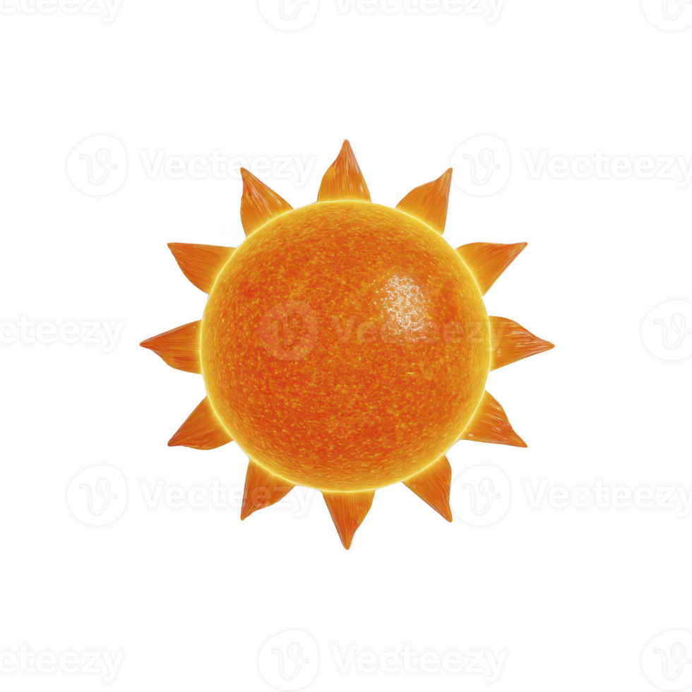 Vibrant, glowing orange sun with bright rays radiating outward, set against transparency background, creating striking contrast. sun texture is detailed, resembling fiery celestial body png