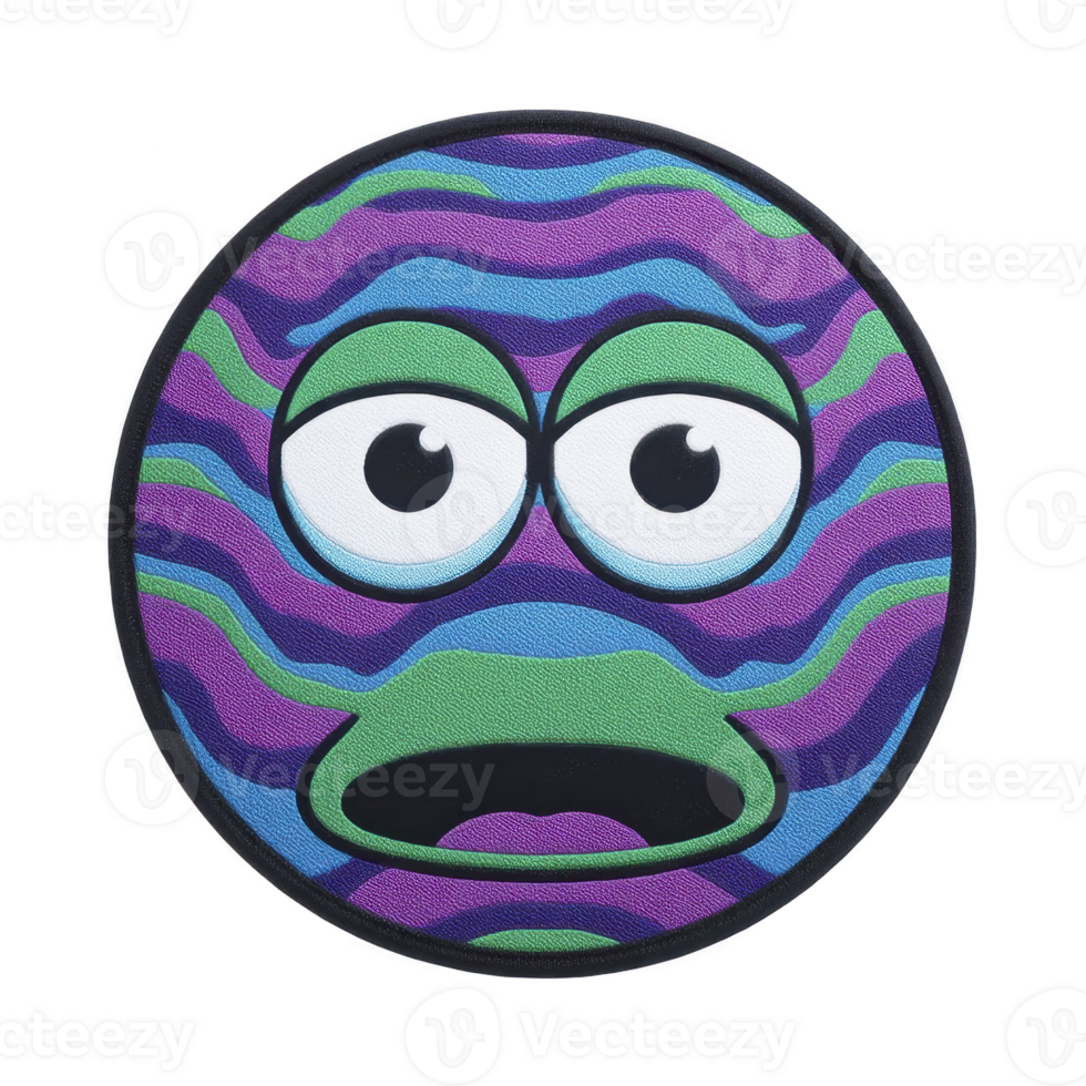 Colorful, wavy patterned round face with large, expressive eyes and surprised expression creates playful and whimsical design png