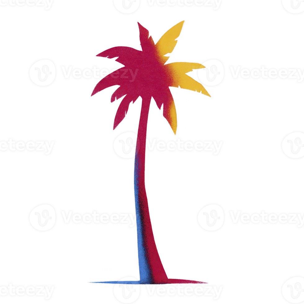 Vibrant palm tree illustration with gradient of red, yellow, and blue hues, set against transparent background, evokes tropical and lively atmosphere png