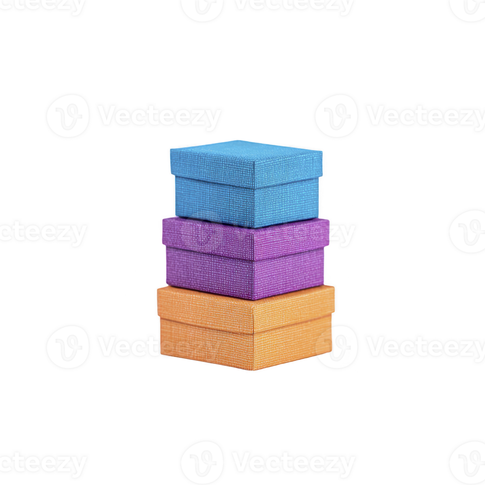 Three colorful gift boxes are stacked vertically, featuring blue, purple, and orange hues. Each box has textured surface, creating vibrant and festive appearance, perfect for celebrations png