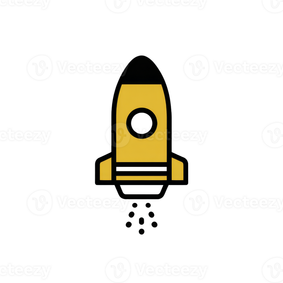 Simple, stylized yellow and black rocket icon with circular window and exhaust trails, set against transparent background. design is minimalistic and modern png