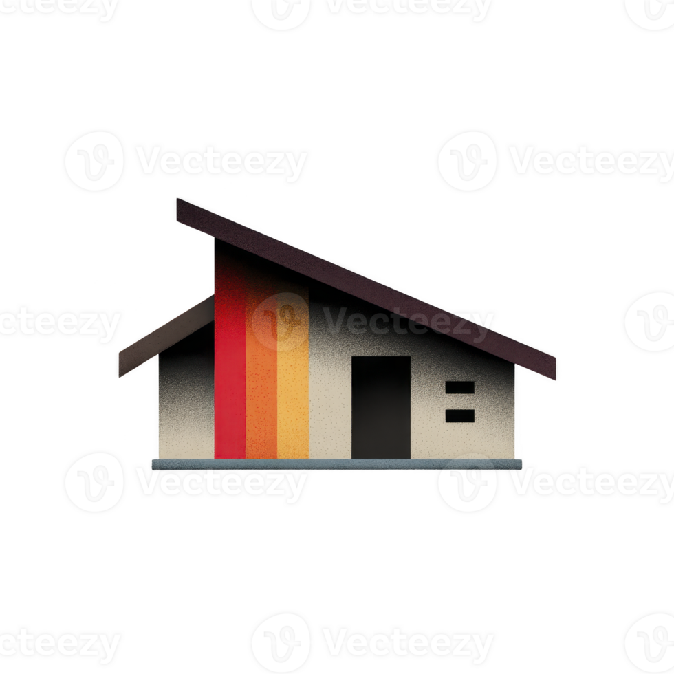 Modern, minimalist house illustration features slanted roof and vibrant vertical stripes in red, orange, and yellow on facade, conveying contemporary and artistic design png
