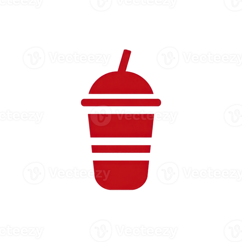 Red, stylized icon of takeaway cup with straw, representing beverage container, is depicted against plain background. design is simple and modern png