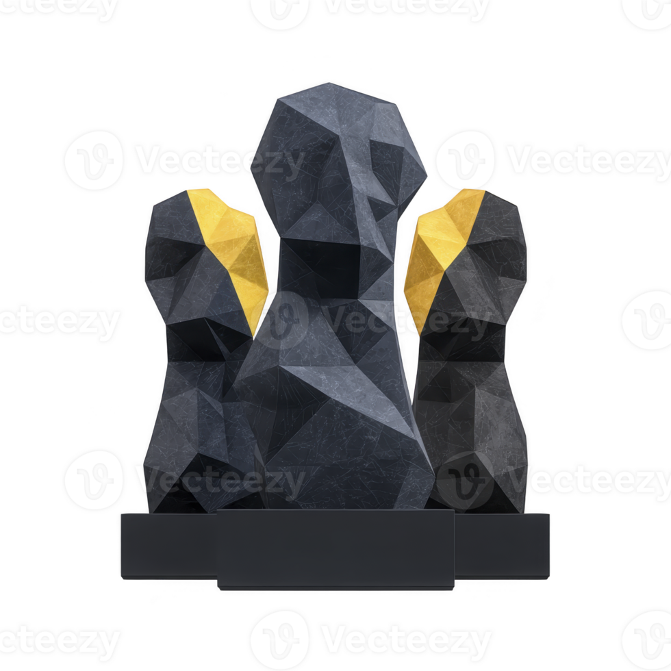 This features modern, abstract sculpture of three geometric figures with dark gray and gold color scheme. figures have faceted, angular design, creating contemporary and artistic appearance png