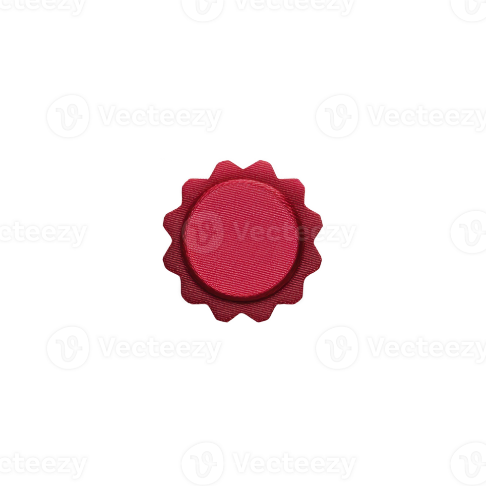 Red wax seal with scalloped edge, often used for decorative or official purposes, is centered on plain background. seal vibrant color and classic design evoke sense of tradition and formality png