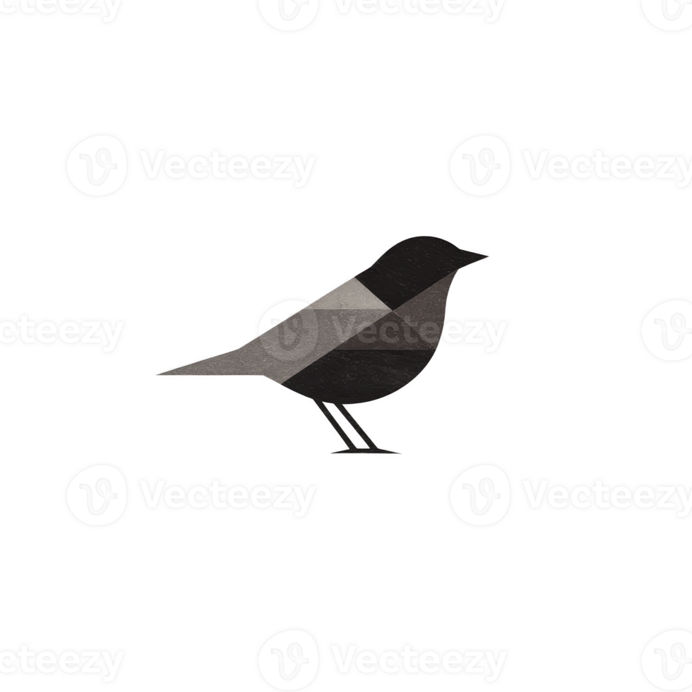Geometric bird silhouette in shades of black and gray stands against plain background, showcasing minimalist and modern design. angular shapes create unique and artistic representation of bird png