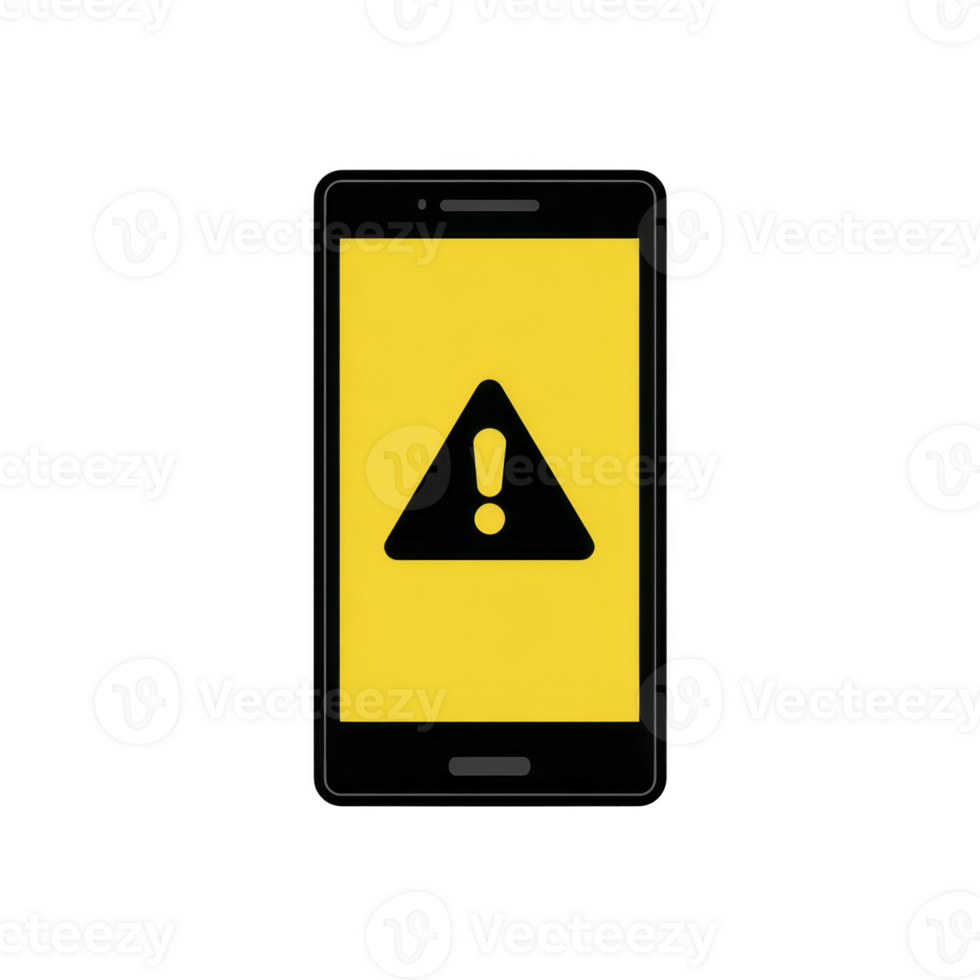 Smartphone displays warning symbol on its screen, indicating alert or caution. yellow background with black exclamation mark in triangle suggests potential issue or notification png