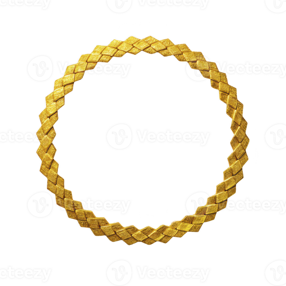 Golden, intricately woven circular frame with textured pattern stands out against transparency background, exuding elegance and sophistication png