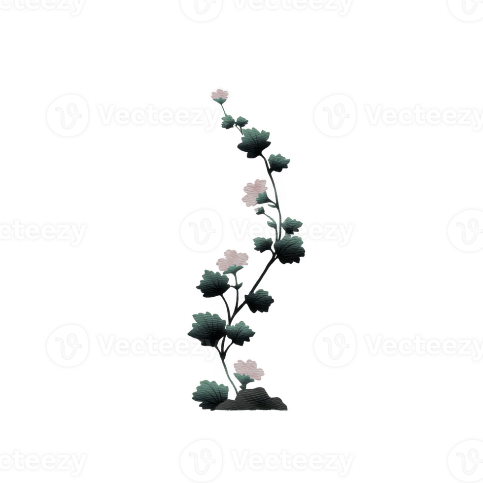 Delicate vertical floral design features stylized green leaves and soft pink flowers, creating elegant and artistic pattern. minimalist style adds touch of sophistication png
