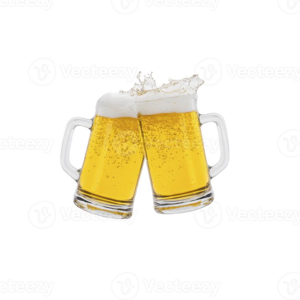 Two frothy beer mugs clinking together, creating splash, symbolize celebration and camaraderie. golden liquid and bubbles enhance festive mood, perfect for social gatherings png