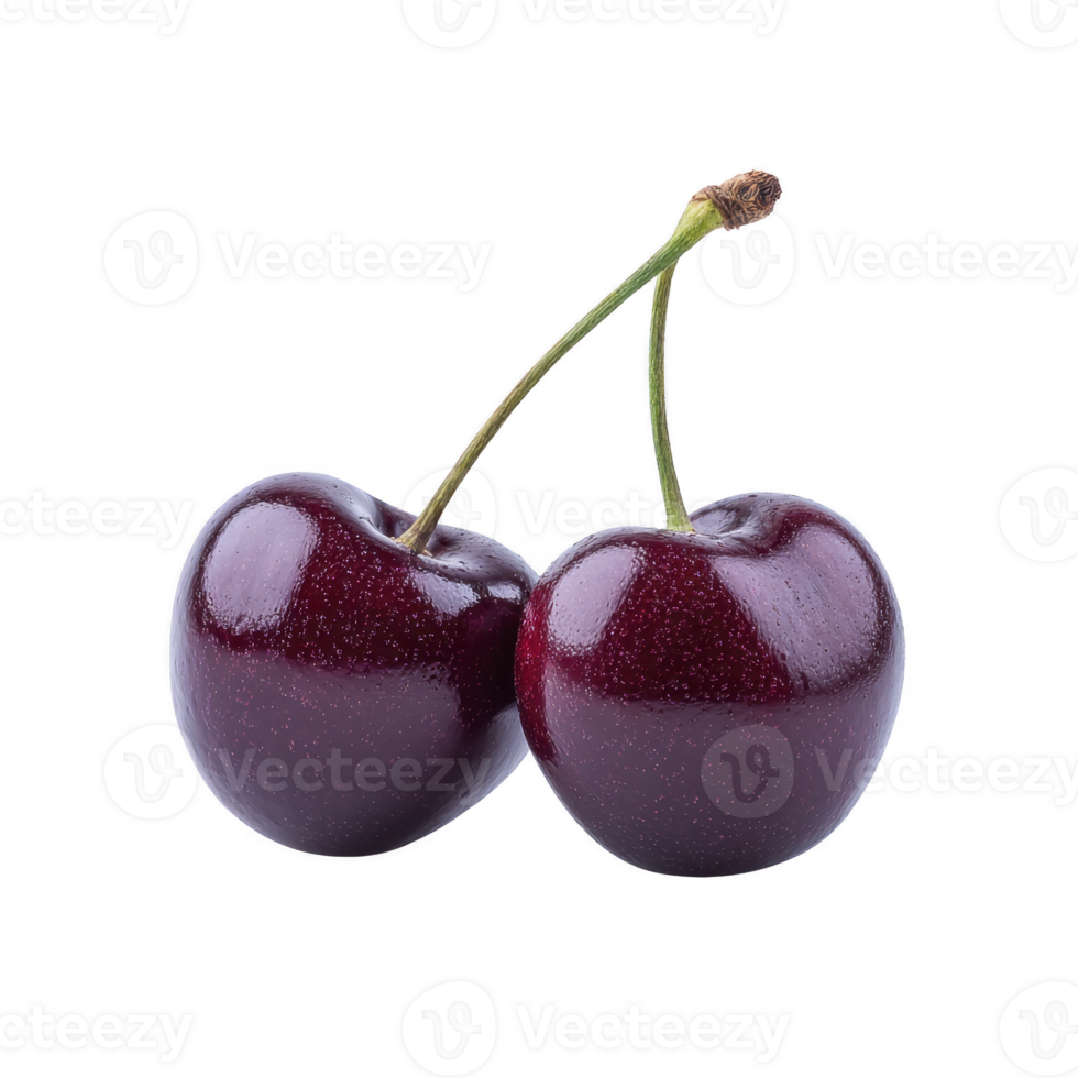 Two fresh cherries with stems are shown against transparency background, highlighting their glossy, deep red color and smooth texture. image captures cherries natural shine and vibrant appearance png