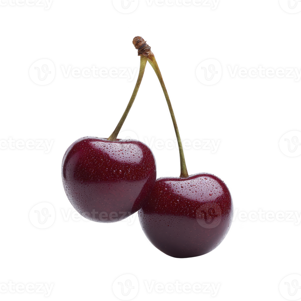 Two fresh cherries with water droplets on their surface are connected by their stems, showcasing their vibrant red color and glossy texture png