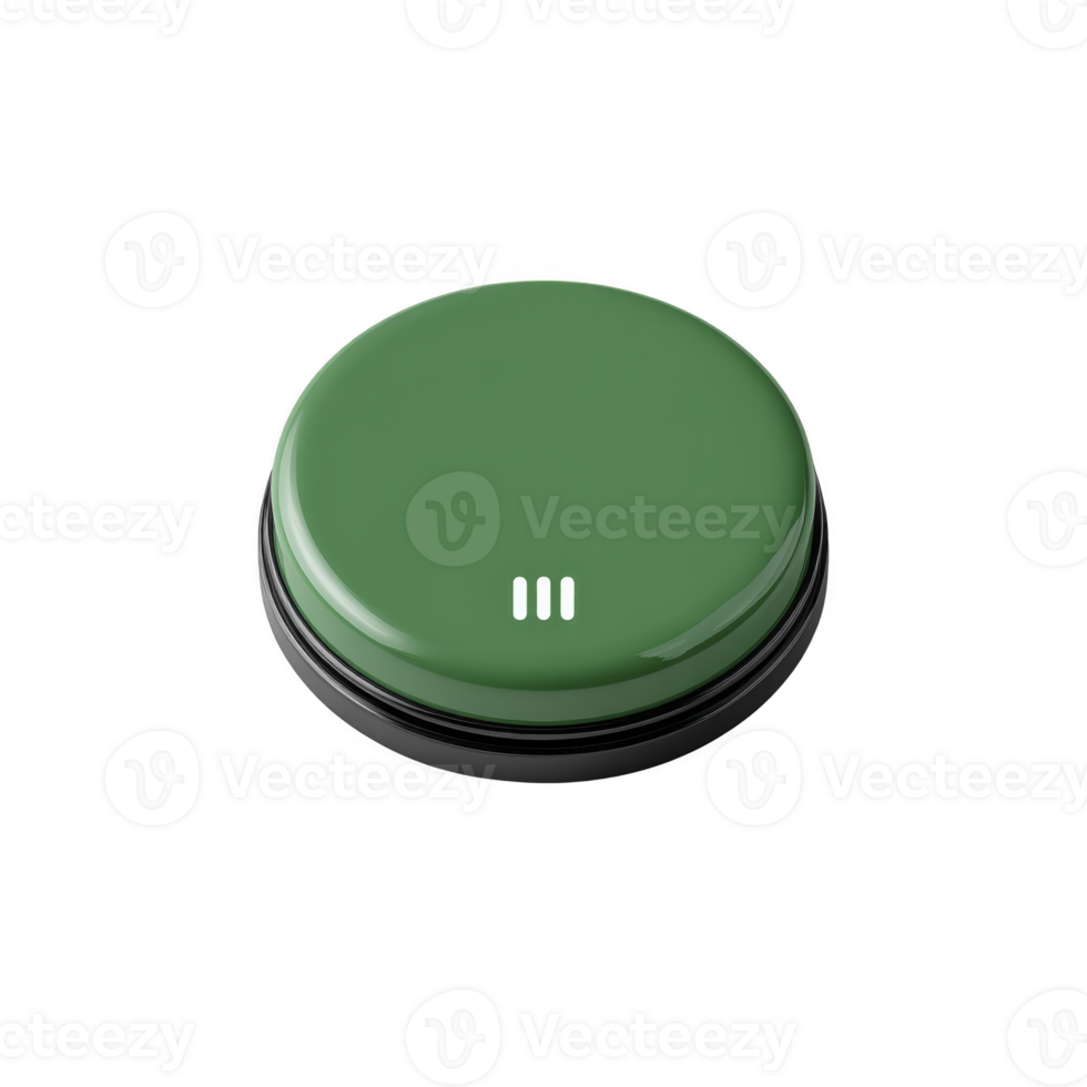 Round green button with glossy finish and three white vertical lines in center, isolated on transparency background. button appears to be simple, modern design, possibly for device or interface png