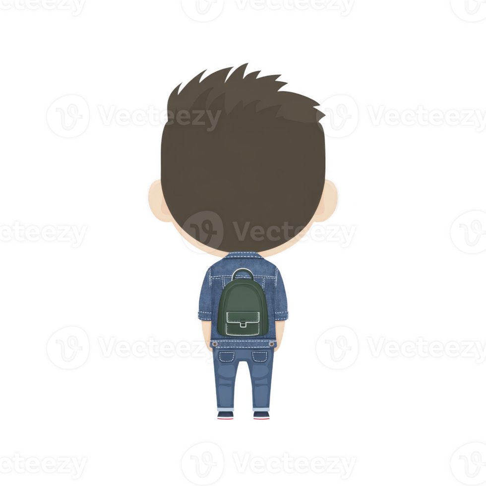 Cute cartoon character with denim outfit and green backpack stands facing away, showcasing playful and youthful style. character hairstyle adds to charm png