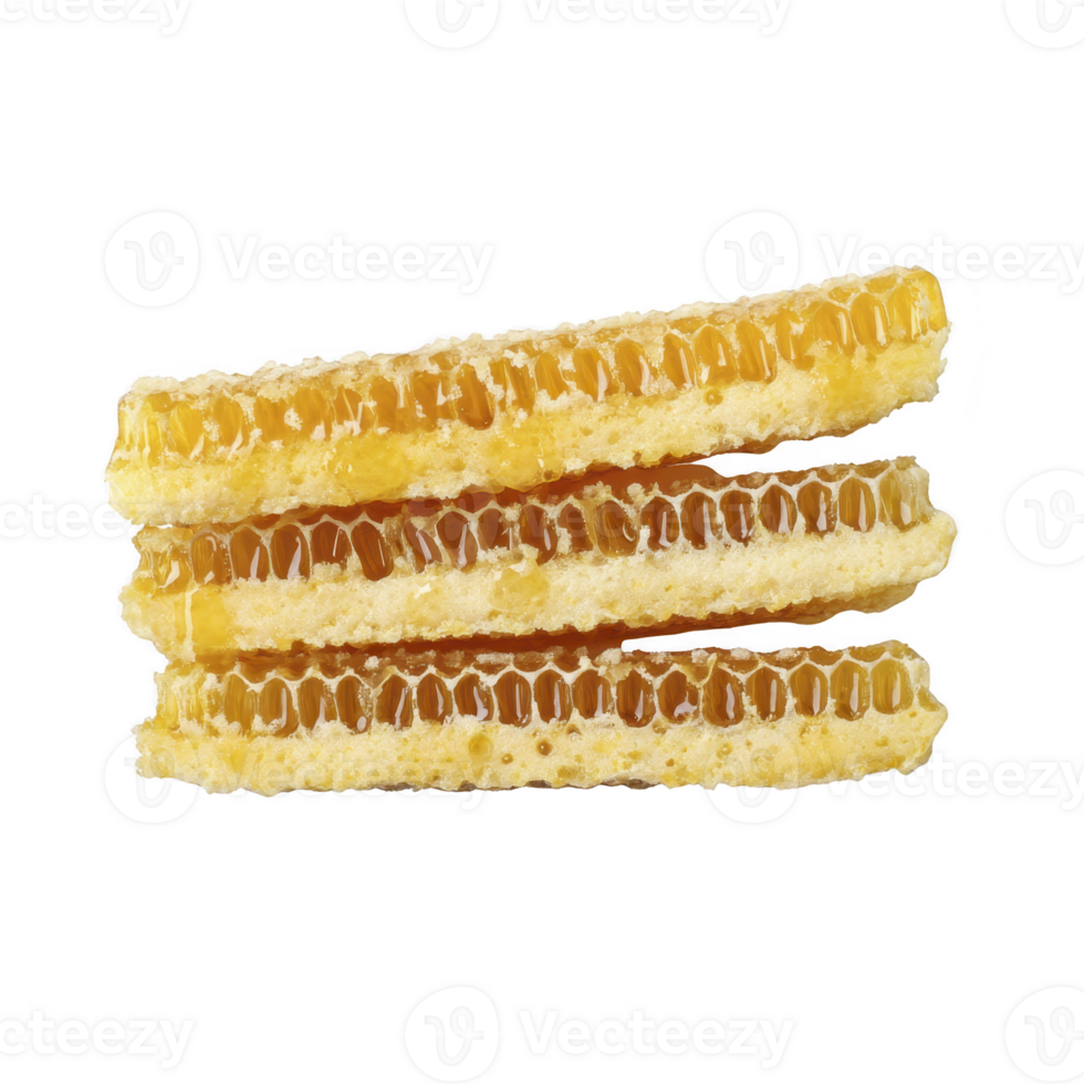 Golden honeycomb pieces stacked against transparency background, showcasing their rich texture and natural sweetness. honey glistens, highlighting intricate hexagonal pattern of comb png