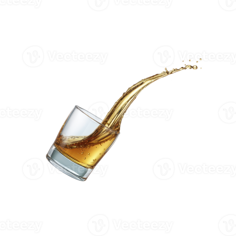 Glass of whiskey is captured mid air with dynamic splash, showcasing rich amber liquid against transparent background. motion conveys energy and elegance png