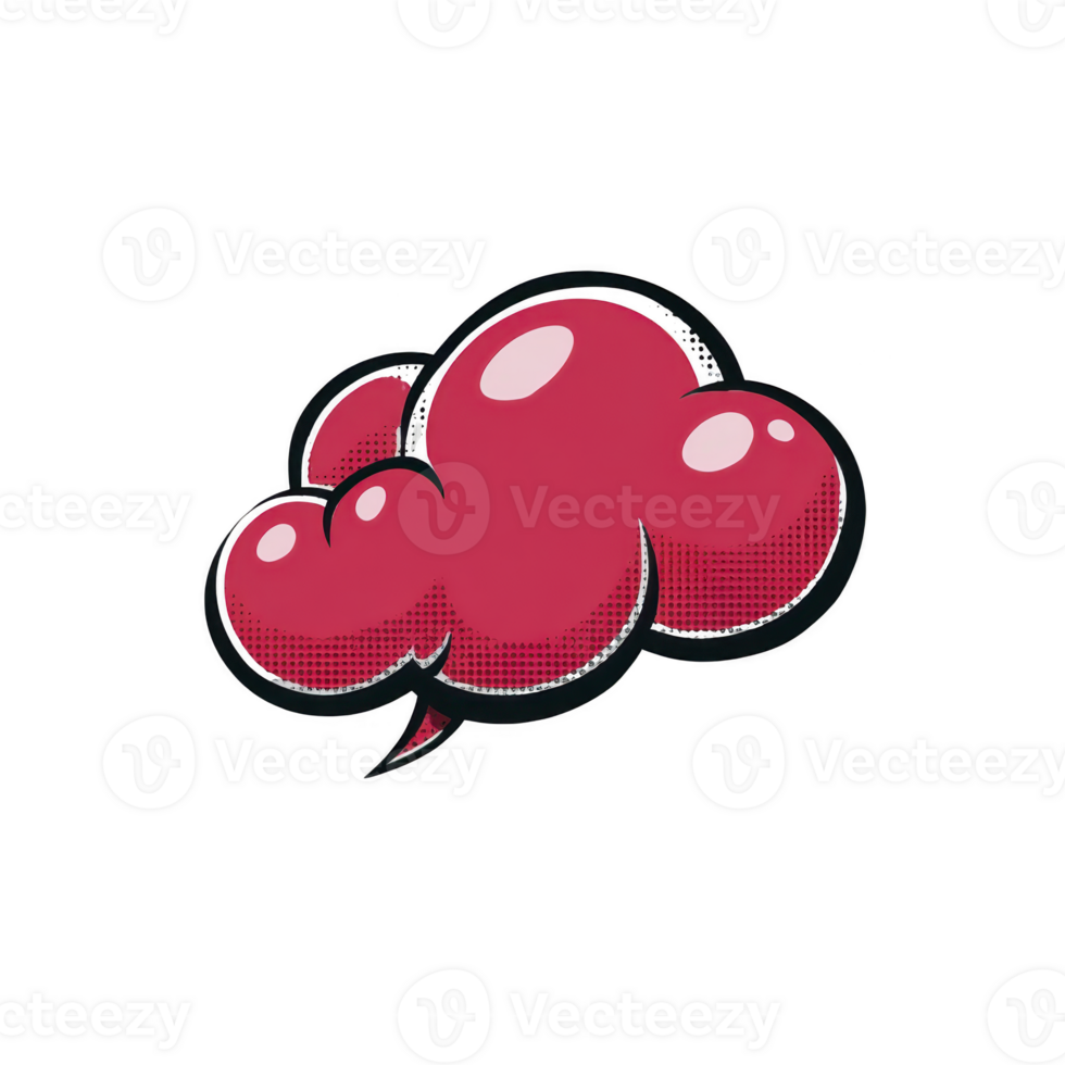 Red comic style speech bubble with glossy finish and halftone texture, resembling cloud, is depicted against transparent background. playful design evokes sense of fun and creativity png