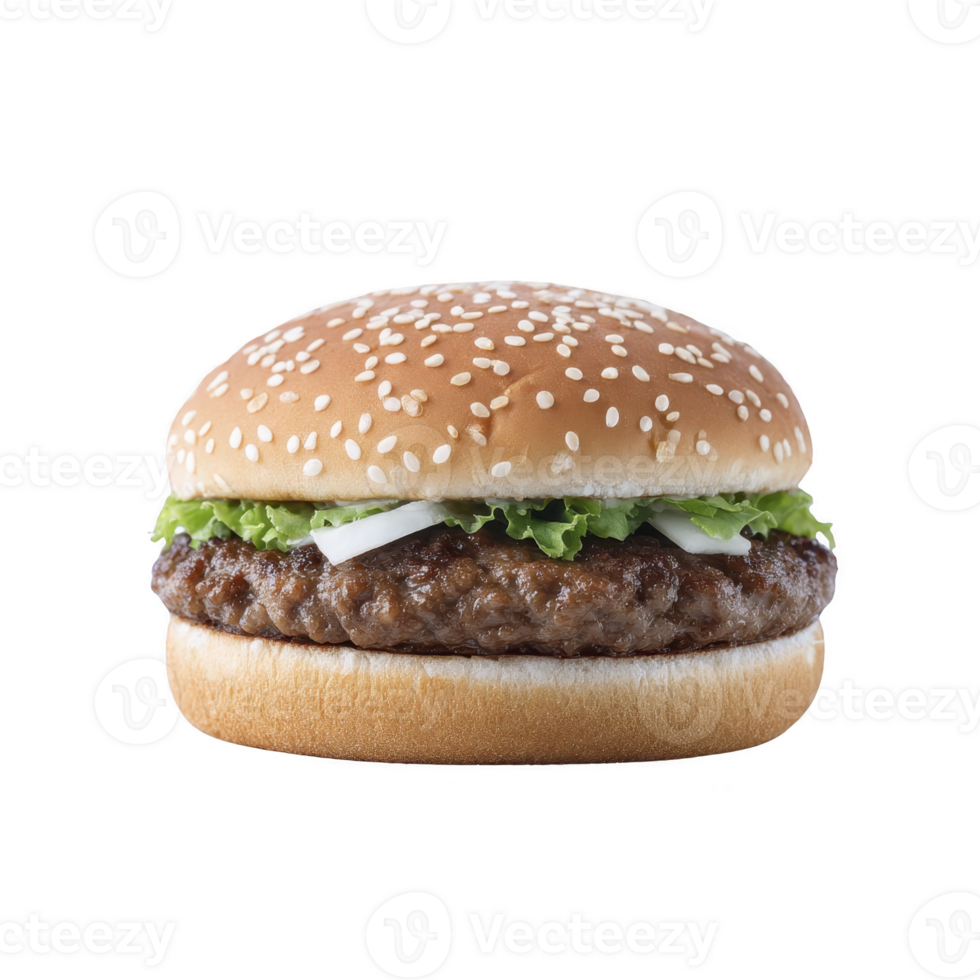 Juicy hamburger with sesame seed bun, lettuce, onions, and beef patty, isolated on transparency background. Perfect for fast food lovers and burger enthusiasts png