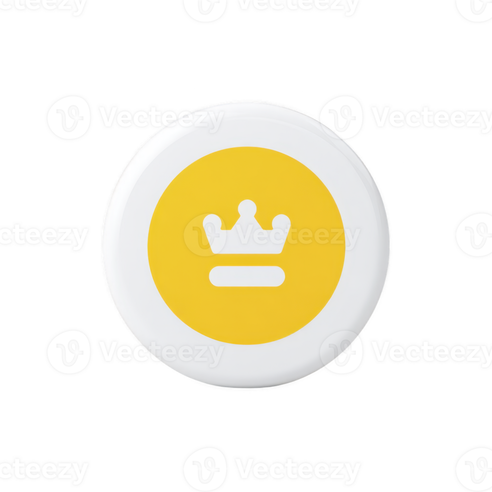 Round white button features yellow circle with white crown symbol in center, conveying sense of royalty and elegance. minimalist design is eye catching and modern png
