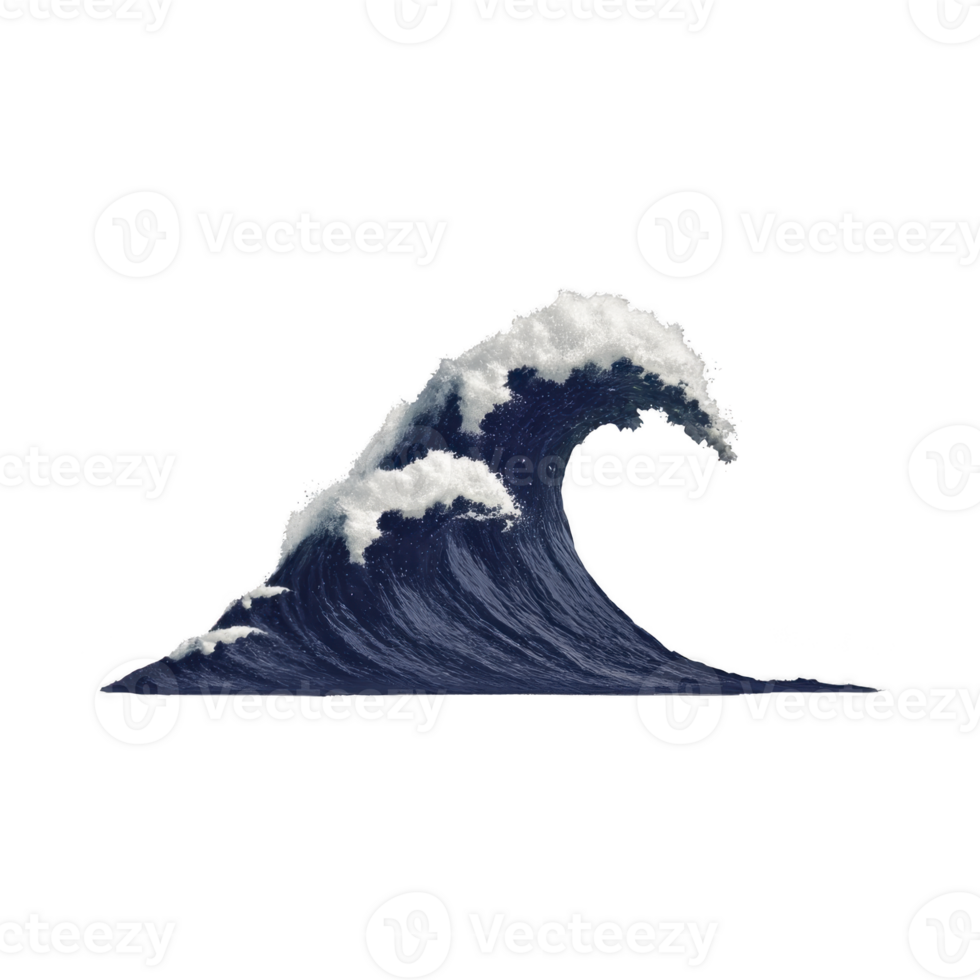Powerful ocean wave with white foam cresting at top, showcasing dynamic movement and energy of sea. deep blue color contrasts with frothy white, creating dramatic effect png