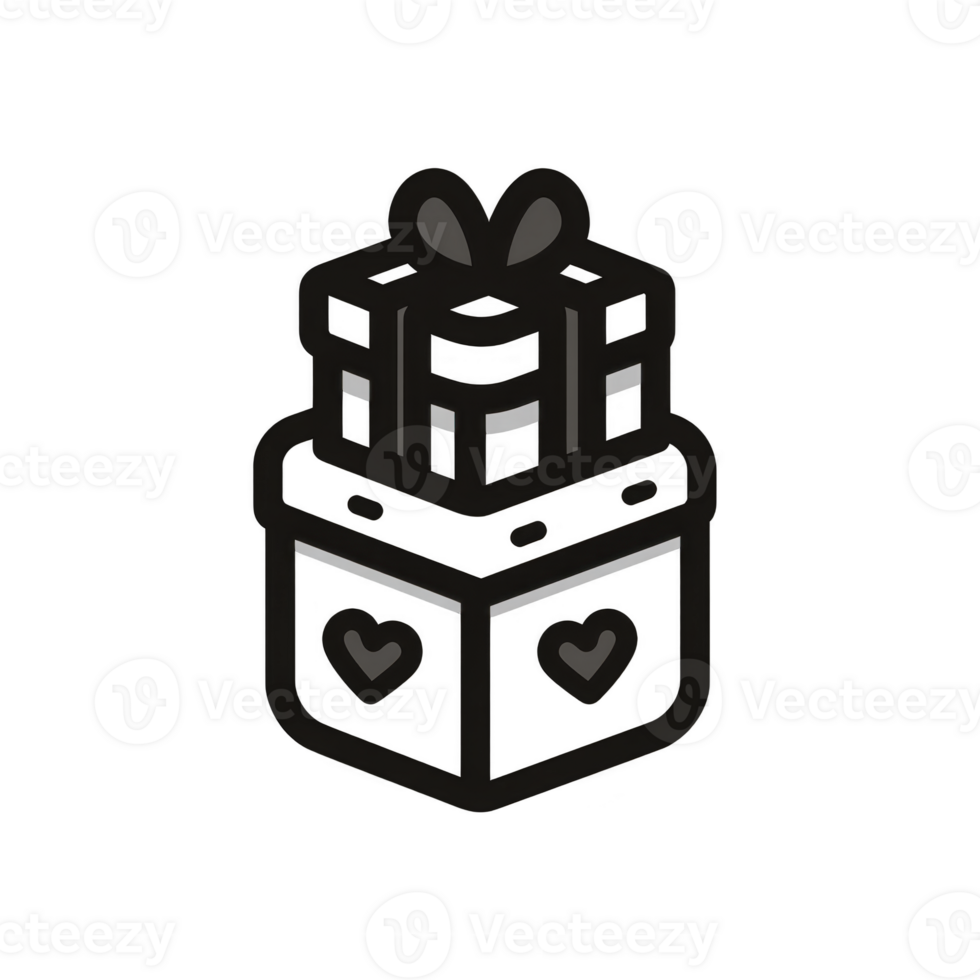 Black and white illustration of gift box with ribbon and heart decorations, symbolizing celebration and surprise. simple design conveys sense of joy and anticipation png