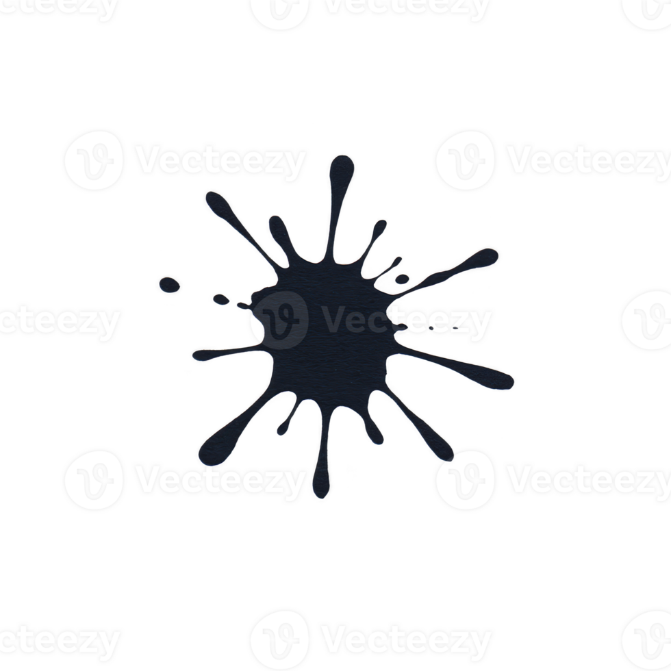 Black ink splatter with irregular edges and droplets radiating outward, isolated on transparency background, creating dynamic and artistic effect png