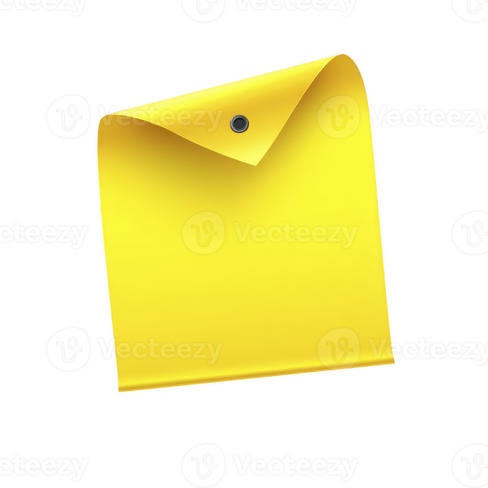 Bright yellow sticky note with curled corner and pushpin hole at top, isolated on transparency background. note appears blank and ready for writing png