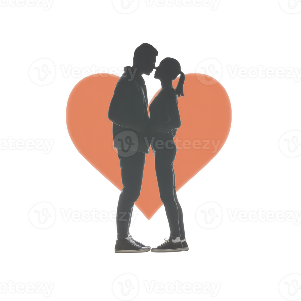 Silhouette of couple standing closely in front of large orange heart, conveying love and romance. figures are facing each other, suggesting intimacy and connection png