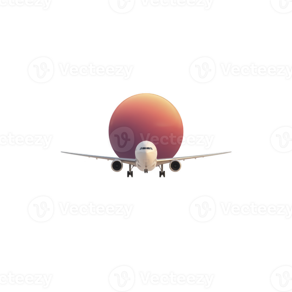 Large airplane flies directly towards viewer with vibrant sunset in background, creating dramatic and serene scene. sky is painted in shades of orange and pink png