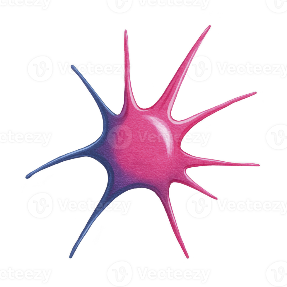 Vibrant, abstract starburst shape with glossy texture and gradient colors of pink and purple, resembling stylized neuron or splash png