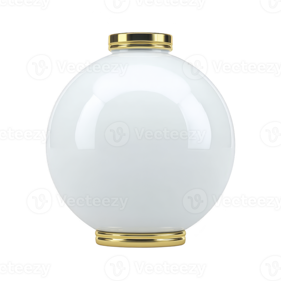 Round, glossy white vase with gold accents on top and bottom edges, reflecting light elegantly. minimalist design and smooth surface create modern and luxurious feel png