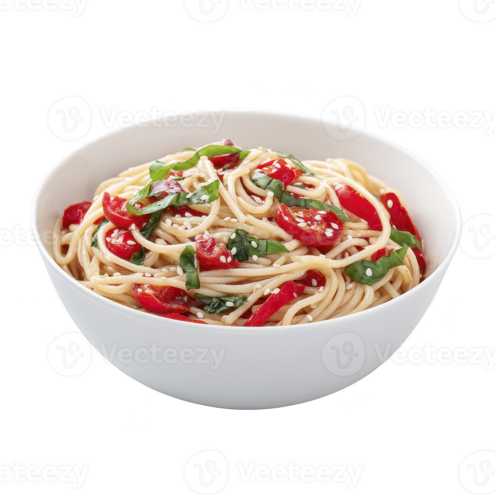 Bowl of delicious spaghetti is topped with vibrant red bell peppers, fresh green spinach, and sprinkled with sesame seeds, creating colorful and appetizing dish png