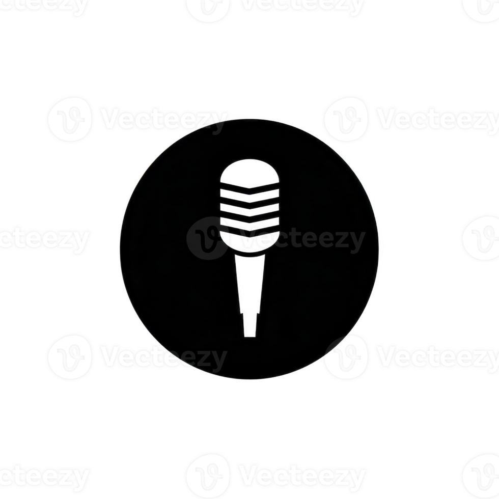 Black and white microphone icon is centered within circular background, symbolizing audio or music. simple design is ideal for use in media, broadcasting, or podcasting contexts png