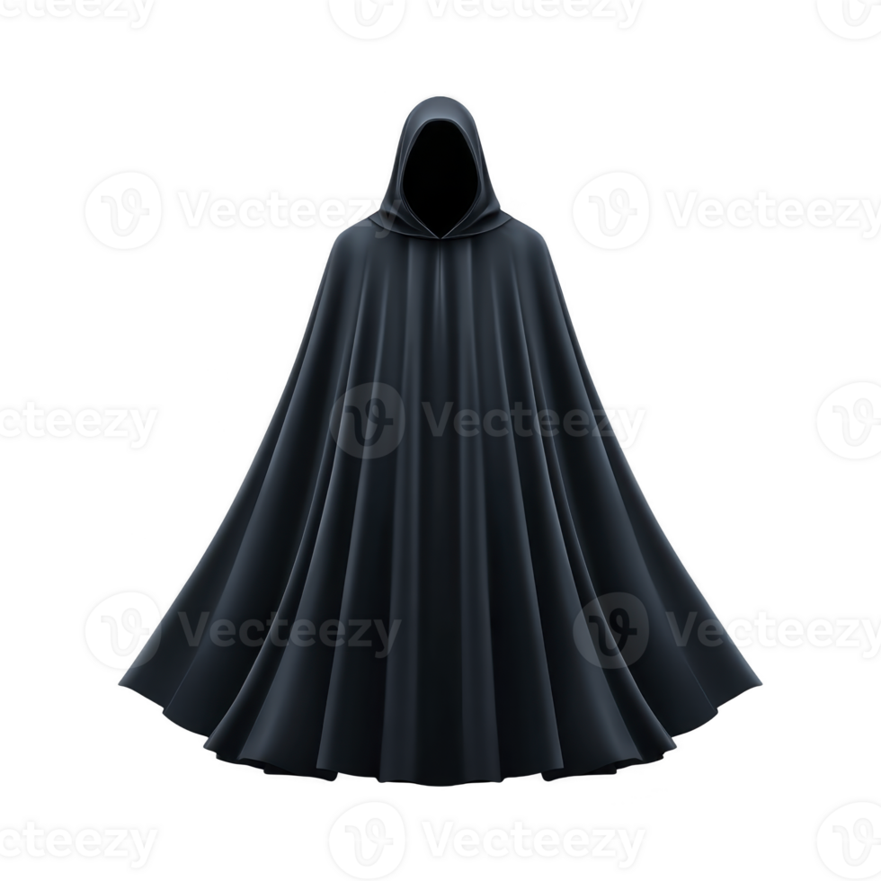Mysterious, dark hooded cloak with flowing design creates enigmatic and dramatic appearance. cloak deep shadows and smooth texture evoke sense of intrigue and secrecy png