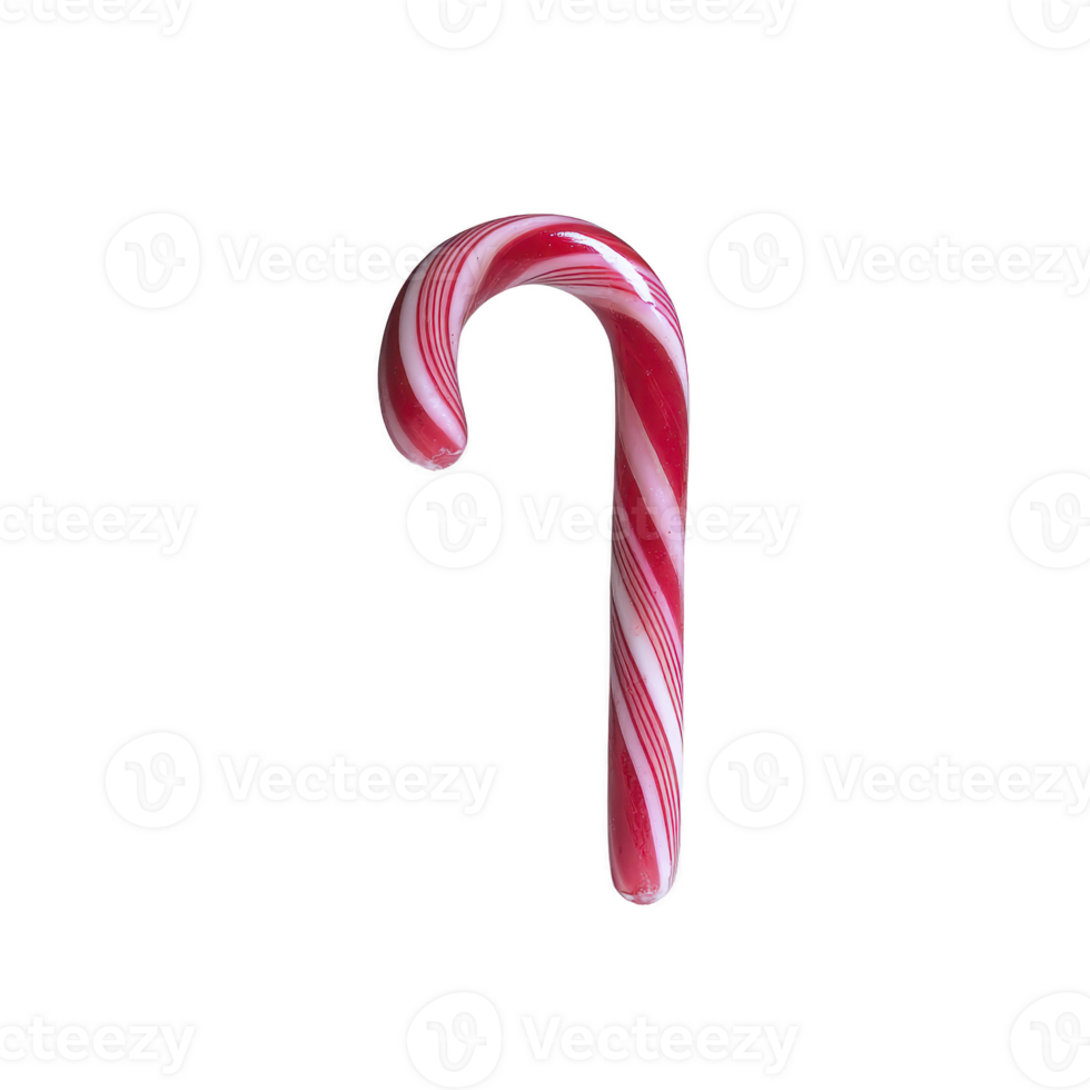 Red and white striped candy cane with curved top, symbolizing Christmas and holiday cheer. candy cane is isolated on transparency background, highlighting its festive design png