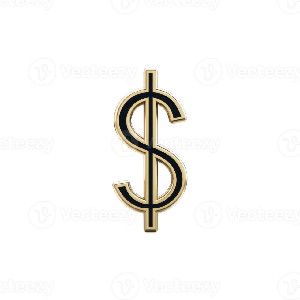 Gold dollar sign symbol on transparency background, representing wealth and finance. shiny metallic finish adds luxurious feel, often associated with money and economics png
