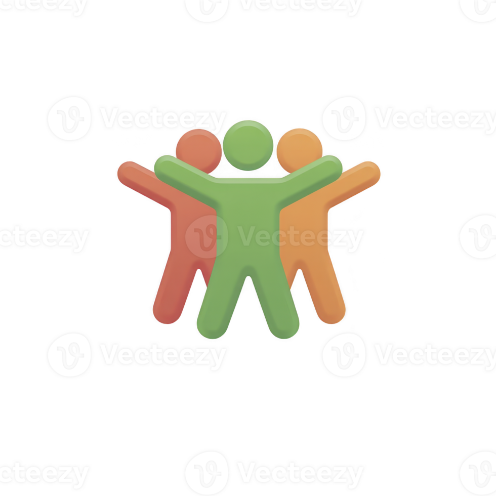 Three colorful abstract human figures with outstretched arms symbolize unity and teamwork. figures are in green, orange, and red, creating vibrant and inclusive representation png