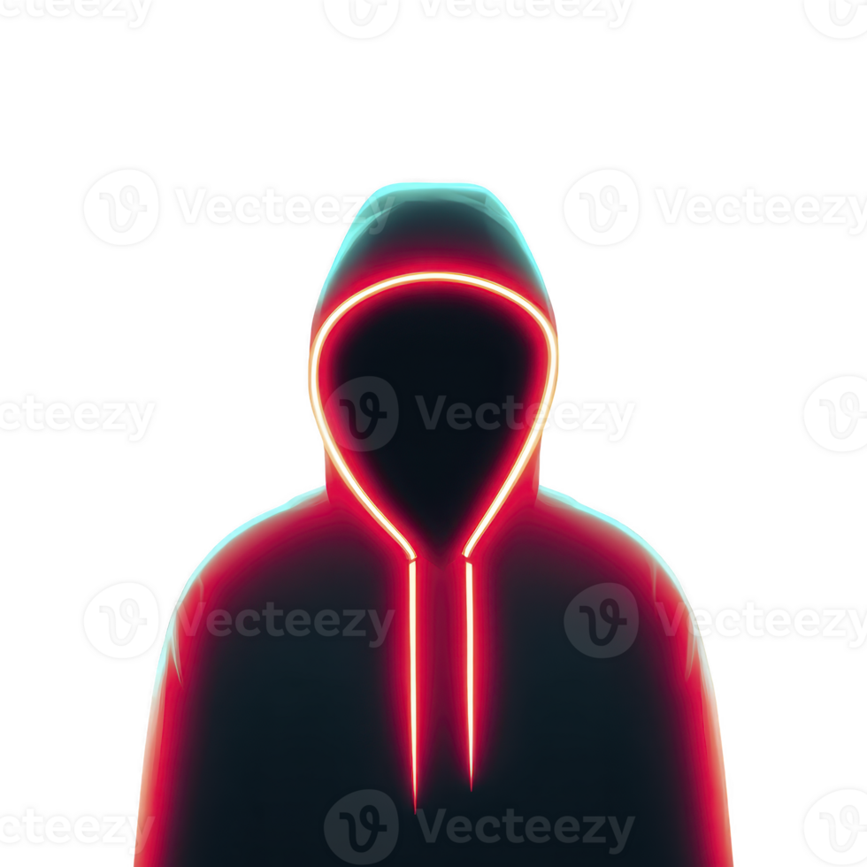 Mysterious figure in glowing neon hoodie stands against transparency background, creating enigmatic and futuristic atmosphere. vibrant colors highlight silhouette, adding intrigue png