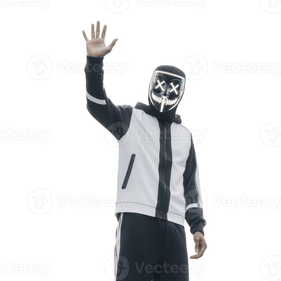 Person wearing glowing mask with stitched smile and cross eyes raises hand friendly gesture. individual is dressed black and white hoodie and matching pants, creating mysterious yet approachable png