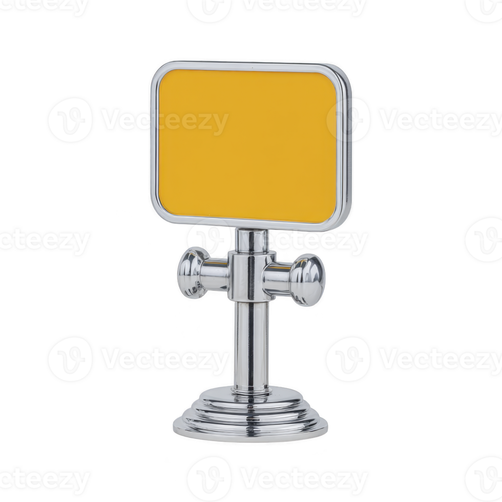 Sleek, modern metal sign holder with vibrant yellow rectangular sign, featuring polished chrome finish and sturdy base, perfect for displaying messages or directions png
