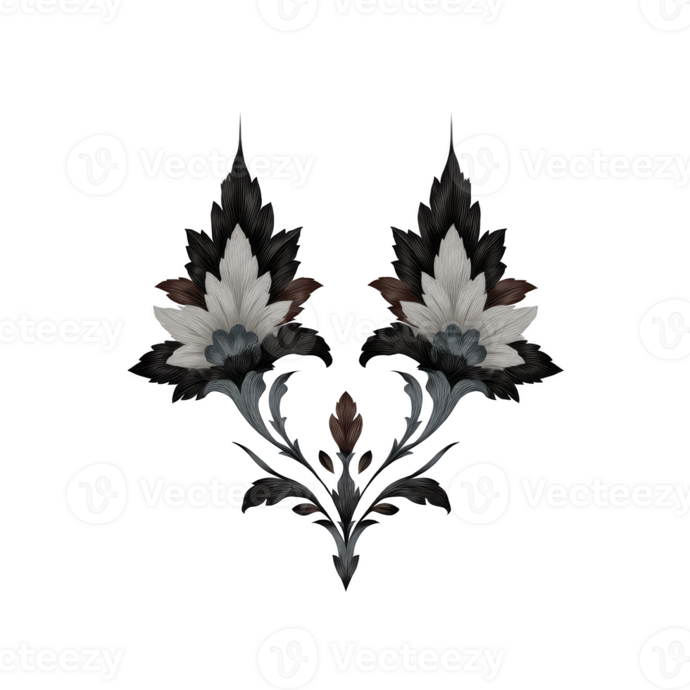 Symmetrical floral design featuring two stylized flowers with layered petals shades of black, white, and brown, connected by central stem. intricate pattern creates balanced and elegant appearance png
