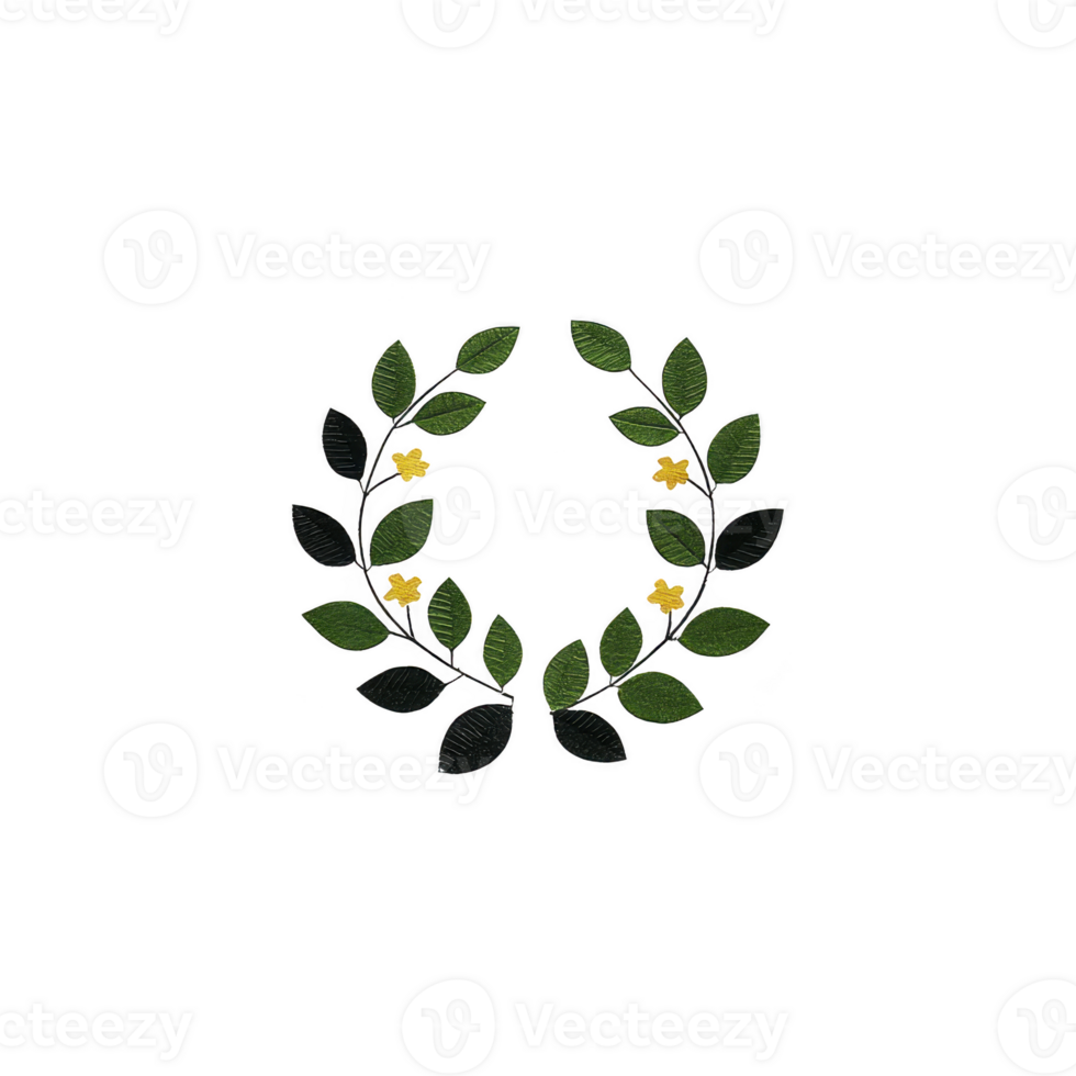 Decorative laurel wreath with green leaves and small yellow flowers, symbolizing victory and achievement, is depicted on transparent background. design is simple and elegant png