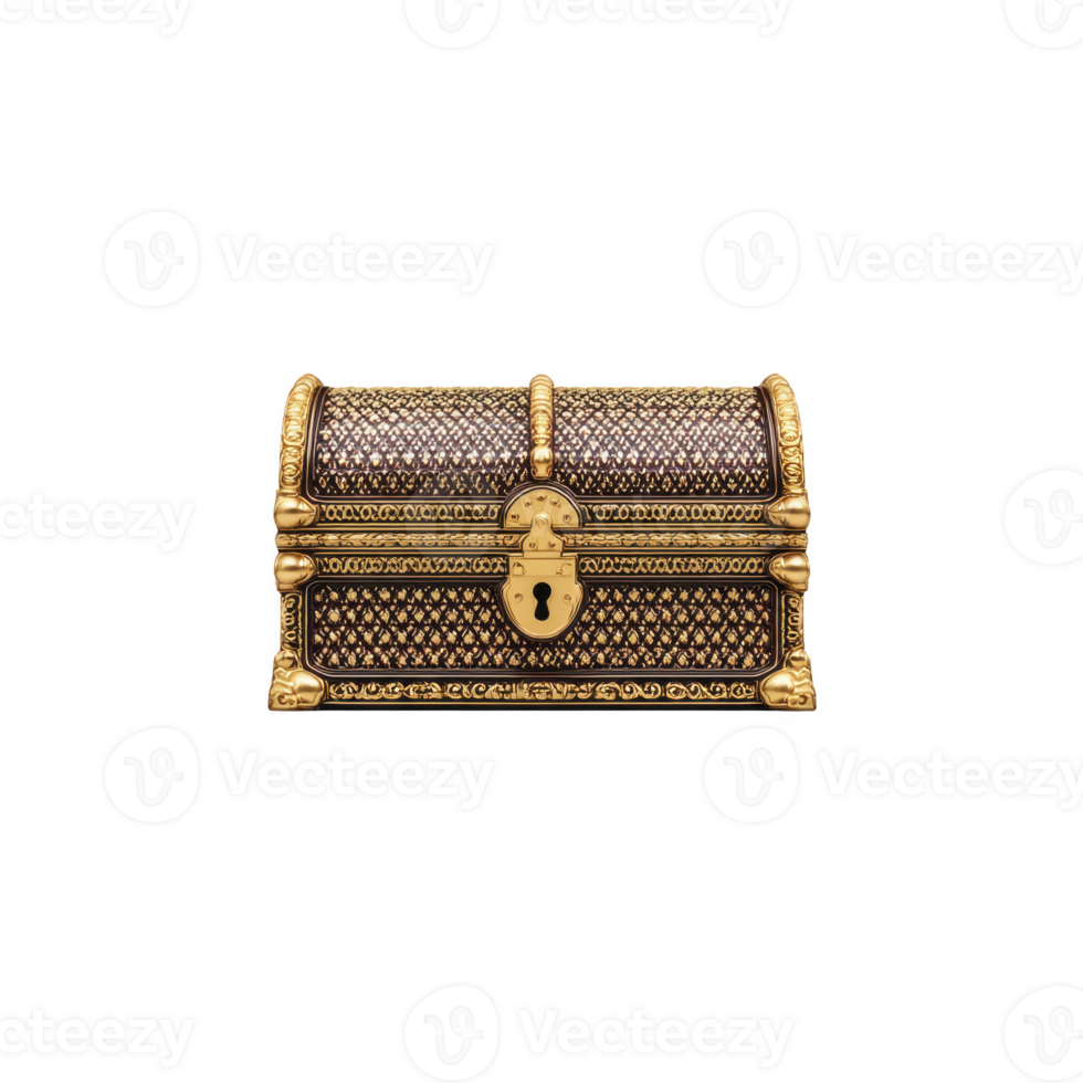 Ornate, vintage treasure chest with intricate gold detailing and decorative lock, evoking sense of mystery and adventure. chest elegant design suggests it holds valuable secrets png