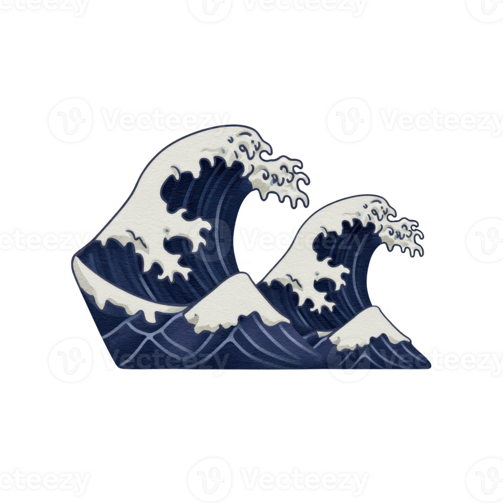 This features stylized depiction of ocean waves, reminiscent of traditional Japanese art. waves are dynamic and detailed, with white crests and deep blue tones, evoking sense of movement and power png